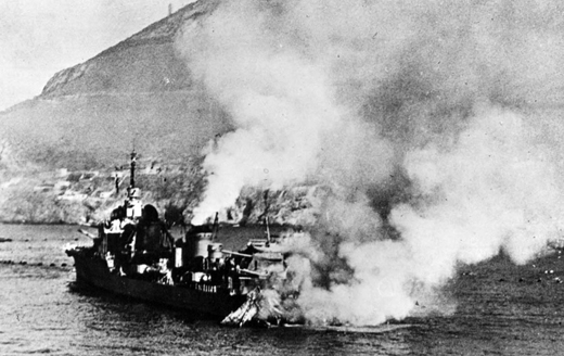 French destroyer <i>Mogador</i> in flames