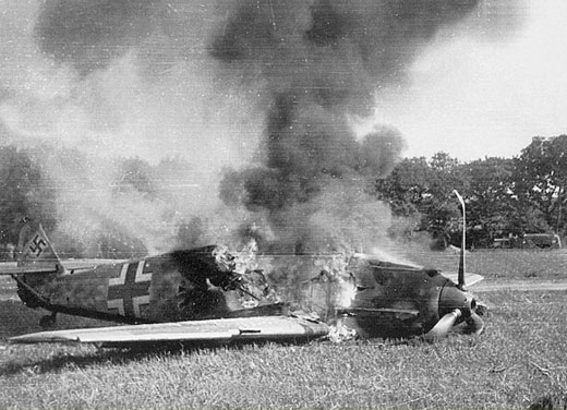 An Me-109E Stab I.JG51 crashes after making it back to France