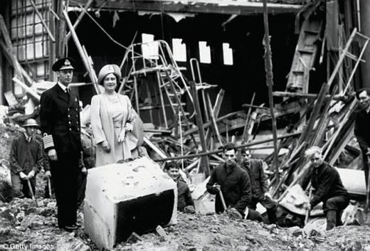 King and Queen inspecting bomb damage at Buckingham Palace