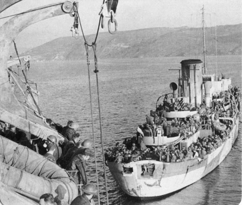 Troops being evacuated on a British corvette