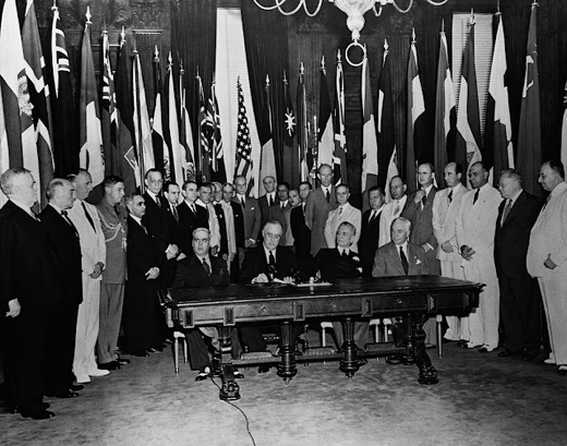 Signing the Declaration of the United Nations