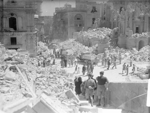 Heavily Bomb-Damaged Street in Valletta, Malta