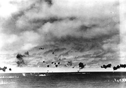 Japanese Attack Aircraft Amid Heavy Anti-Aircraft Fire