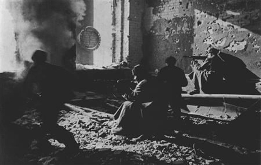 Soviet Soldiers Firing from a Ruined Building