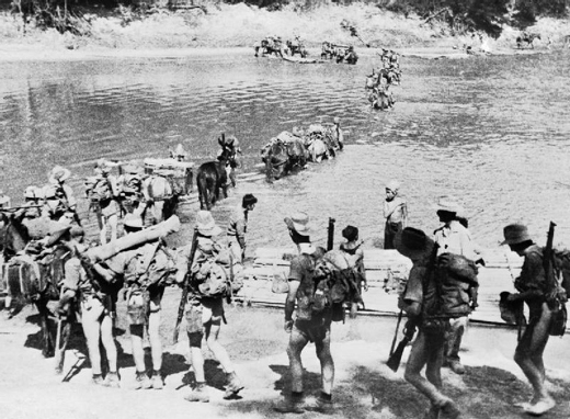 A Chindit column crosses a river in Burma, 1943