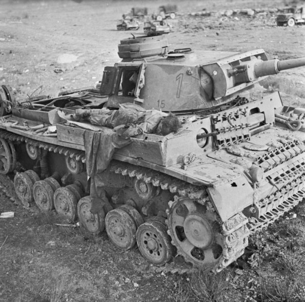 A knocked-out German PzKpfw III tank