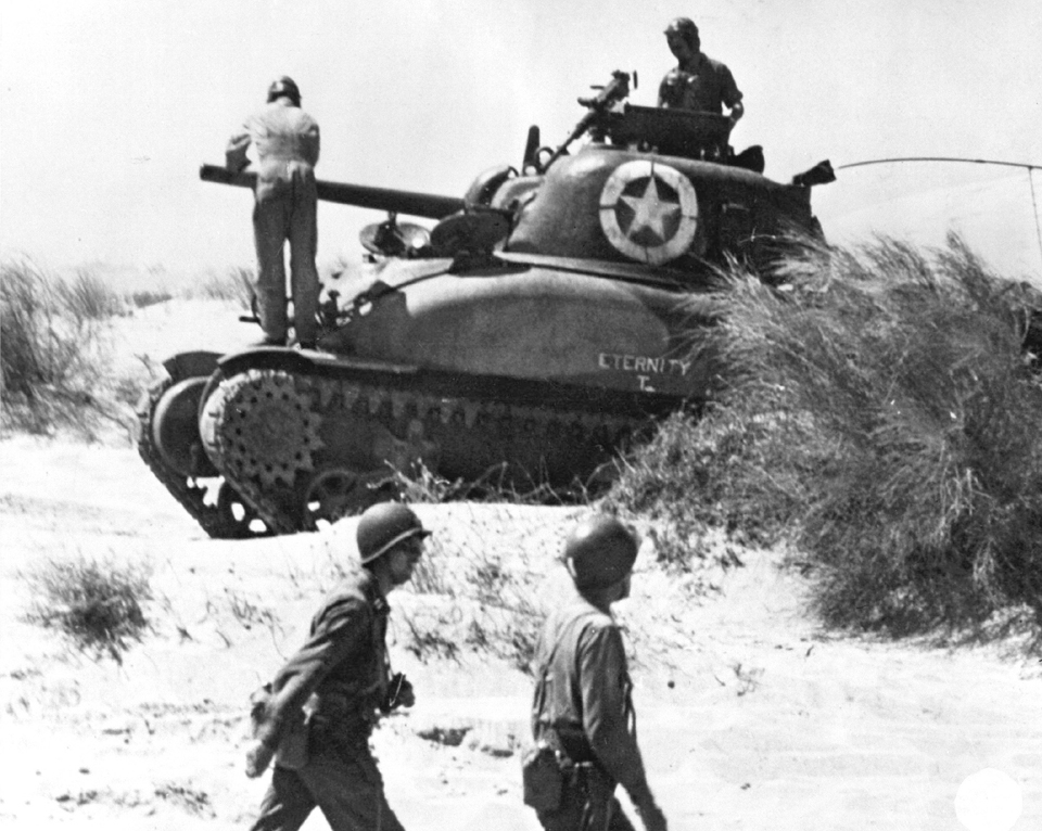 US Crew Checking Out Their Sherman Tank