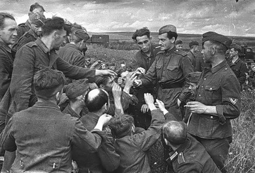 Soviet Lieutenant Treats German Prisoners with Cigarettes