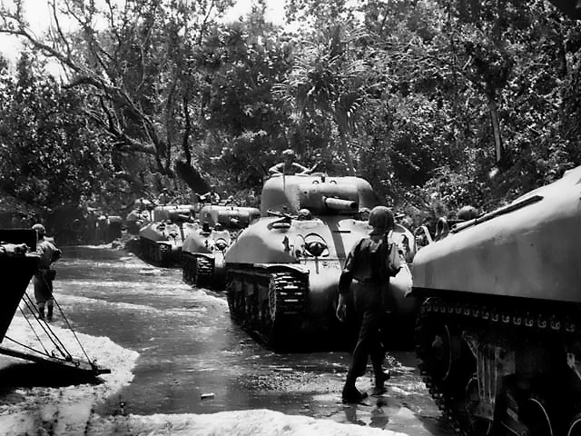 Sherman Tank and Marines at Cape Gloucester