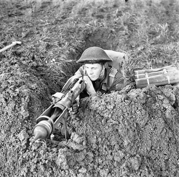 Aiming a PIAT Anti-tank Weapon