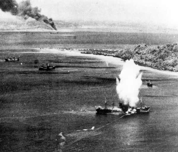 Japanese Freighter Hit by Torpedo