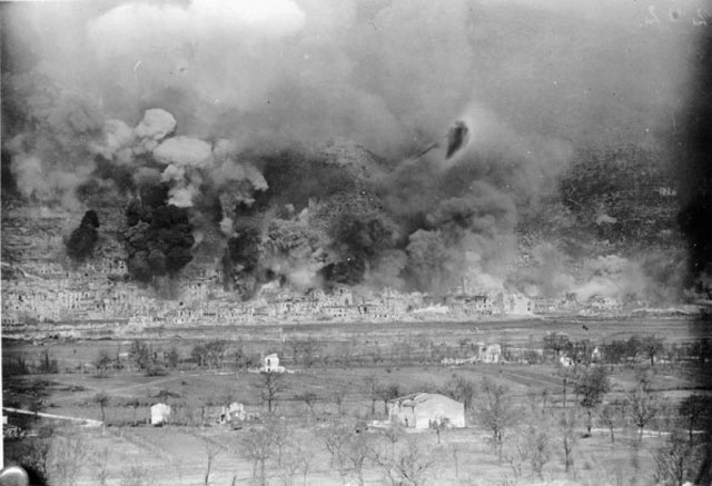 Town of Cassino Shrouded in Black Smoke