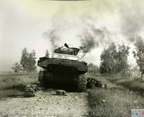 Burning American tank in Italy