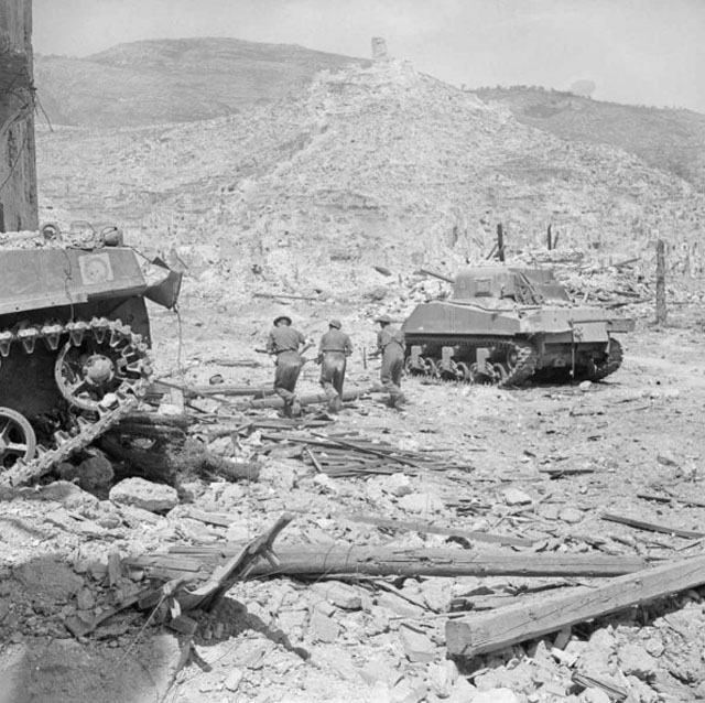 Sherman Tanks and Infantry in the Ruins of Cassino