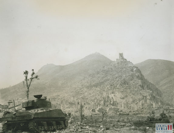 View of the destroyed Monte Cassino Abbey