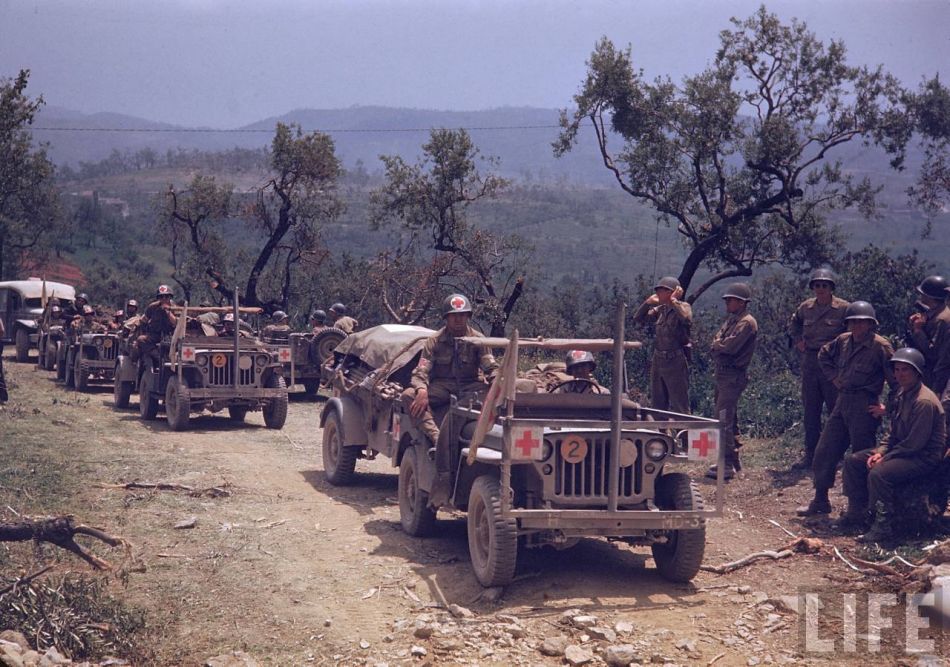 Column of American medical vehicles