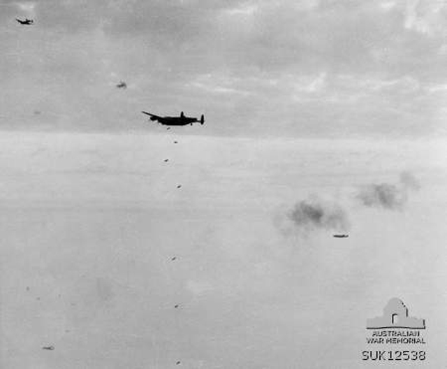 Bombs leave a Lancaster