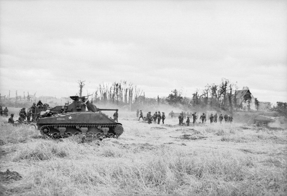 British Sherman Tanks and Infantry