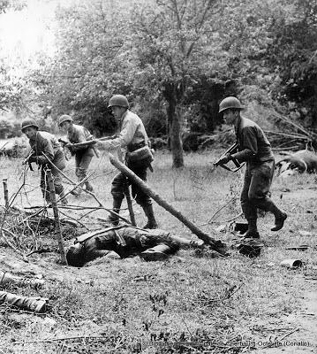 Allies Crossing an Orchard between Hedgerows