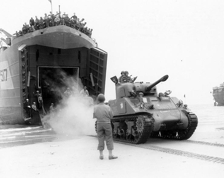 French Army Sherman Lands from <i>LST-517</i>