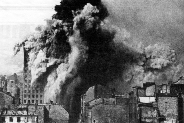 Bombs falling on the centre of Warsaw