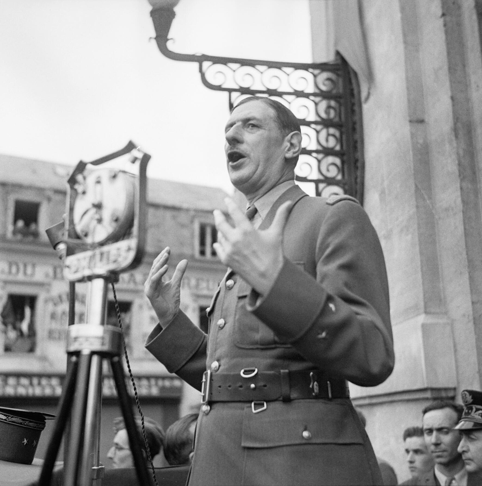 Gen Charles de Gaulle addressing crowds