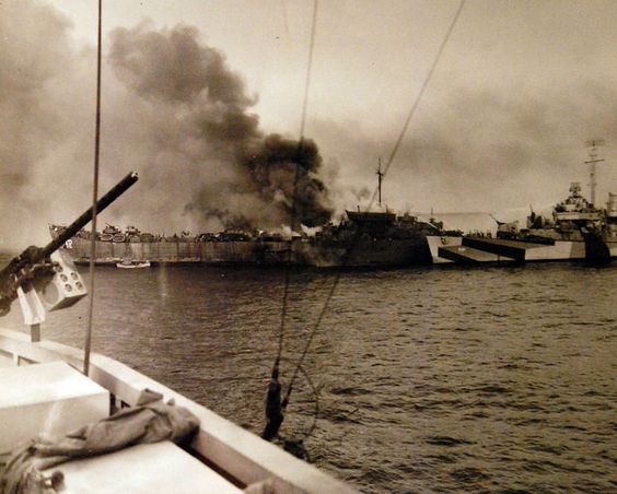 <i>USS LST-472</i> Burning after the Attack