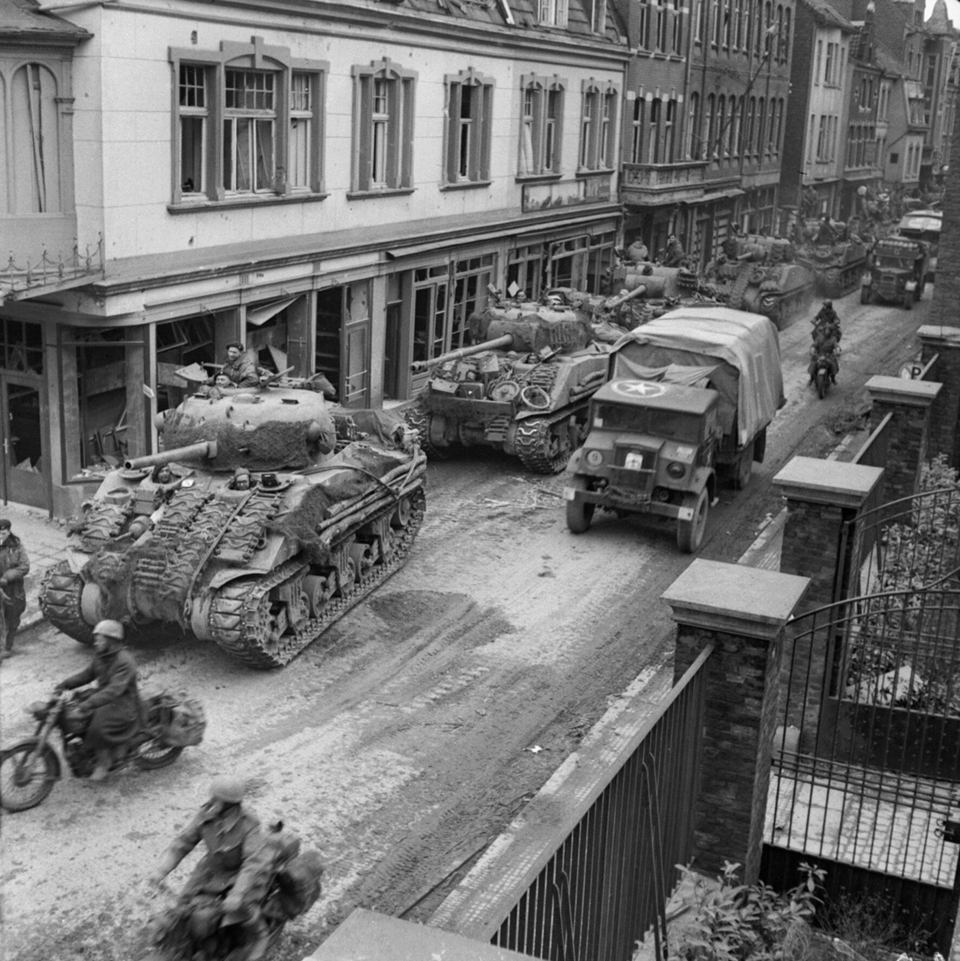 British Tanks Moving Through Kevelaer, Germany