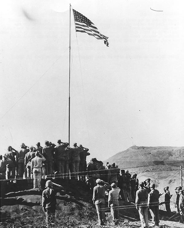 Flag raising at US Headquarters on Iwo Jima
