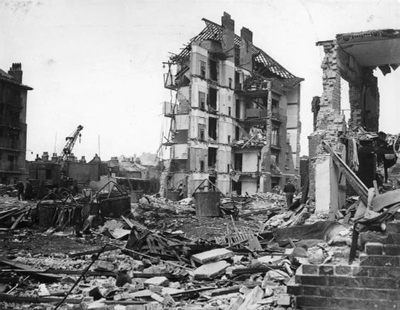 Aftermath of a V-2 bombing at Hughes Mansions