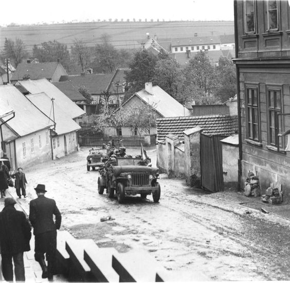 Column of Jeeps Entering Domazlice